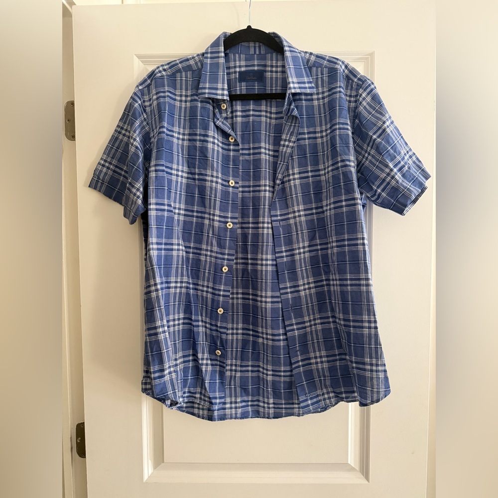 NWOT DAVID DONAHUE CASUAL SHIRT SIZE M LINEN COTTON BLUE WHITE PLAIDS